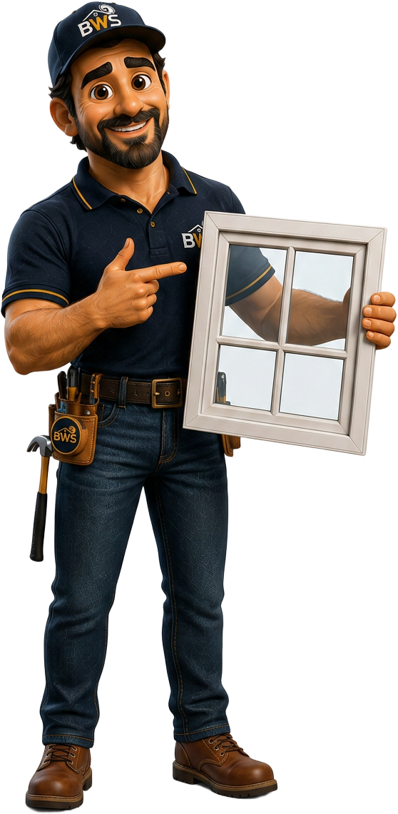 Captain Shield holding an impact window and pointing to the BWS estimate form