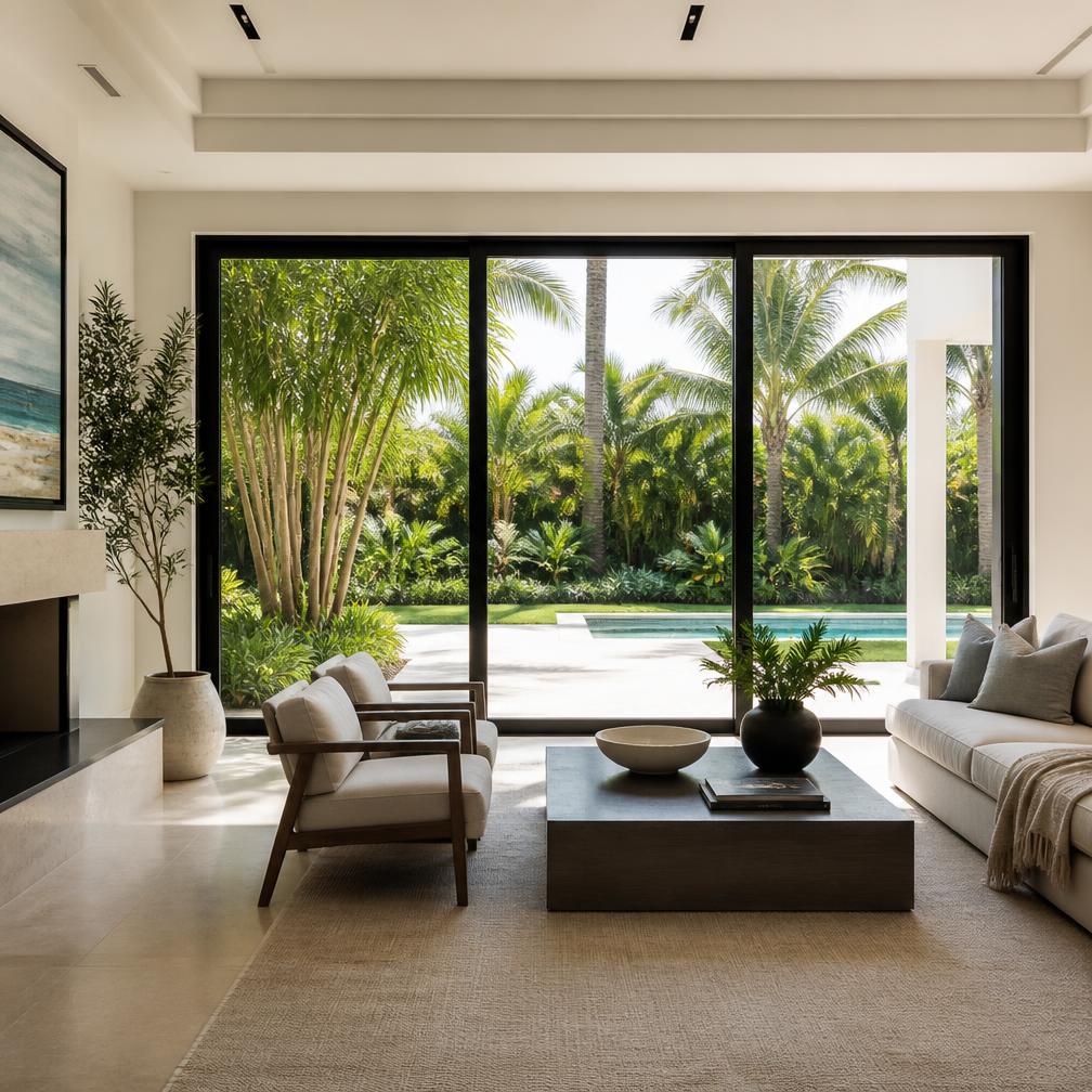 Impact window detail on a modern coastal home