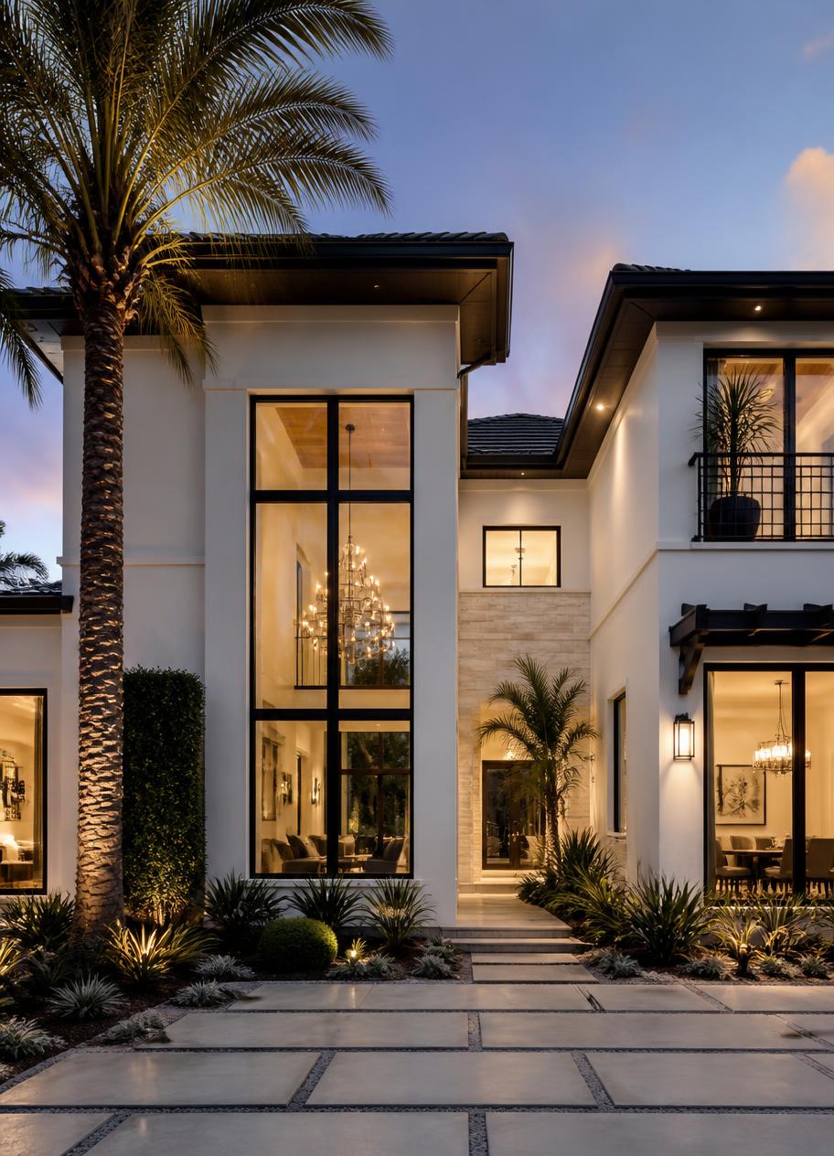 Luxury Florida facade with black-framed impact windows at dusk